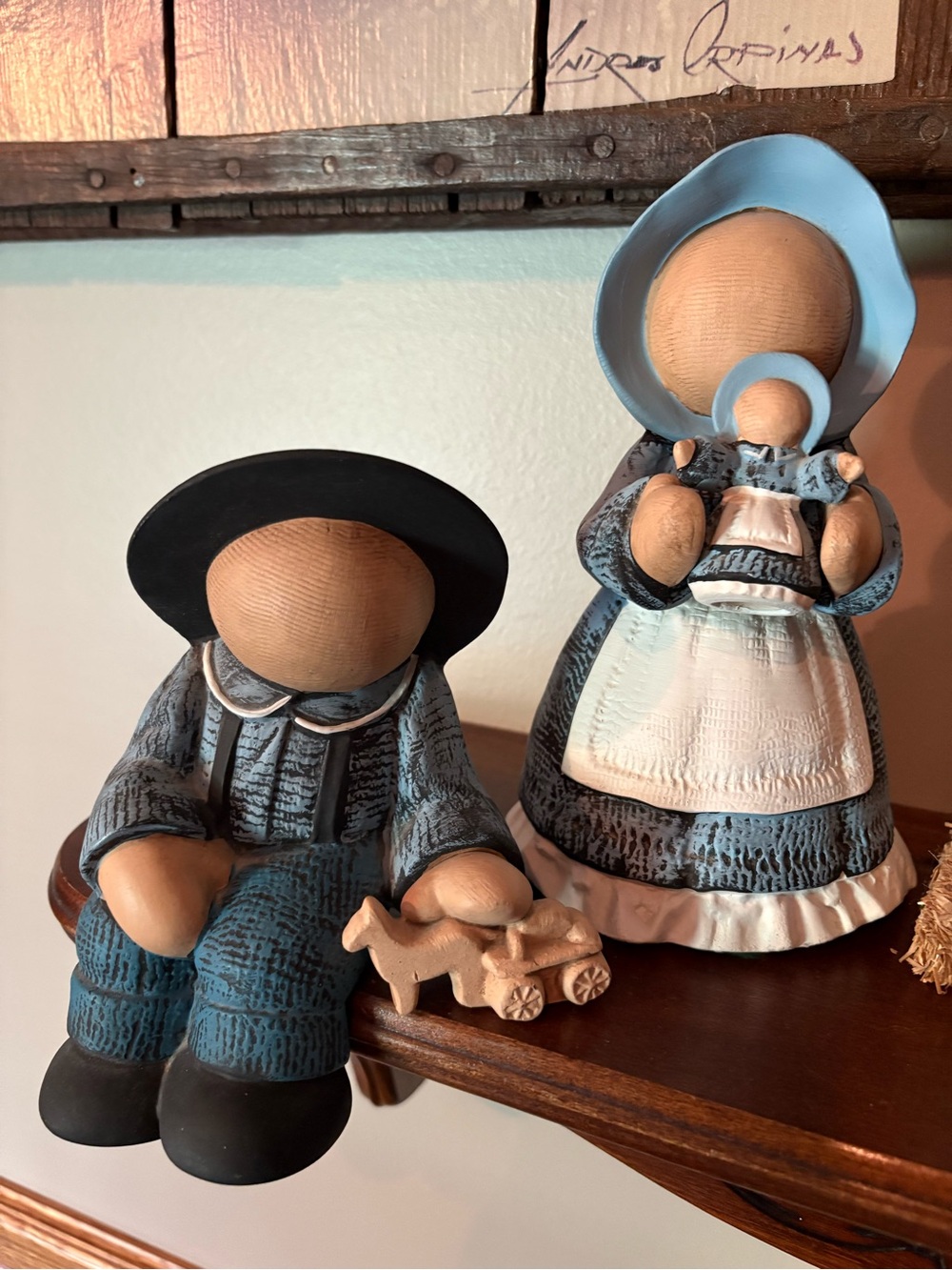 Amish Faceless Ceramic Shelf Sitter Boy & Girl & babydoll set.